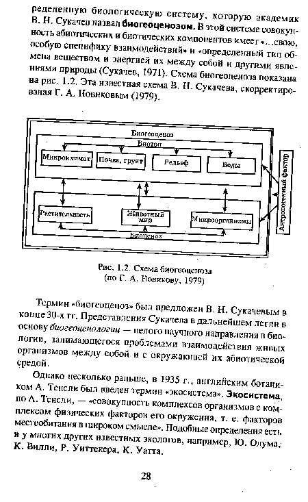 Схема биогеоценоза (по Г. А. Новикову, 1979)