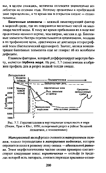Горизонтальная и вертикальная зональность в море (Хизен, Трап и Юнг, 1959; поперечный разрез в районе Западной Атлантики, с изменениями)