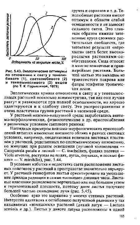 Экологические оптимумы по отношению к свету у тенелюбивого (1), светолюбивого (2) и теневыносливого (3) видов (по Т. К. Горышиной, 1979)