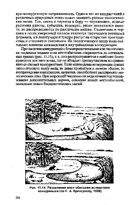 Разделение мест обитания вследствие конкуренции (по Е. А. Криксунову, 1995)