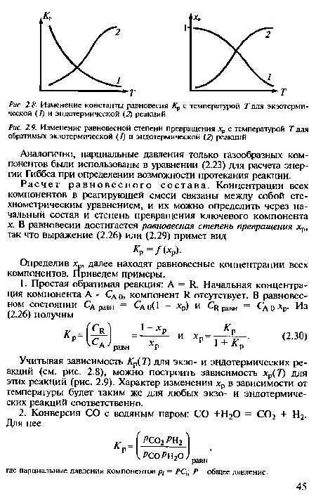 Изменение константы равновесия с температурой Тдля экзотермической (/) и эндотермической (2) реакций