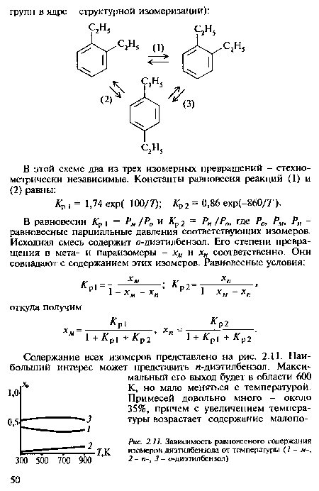 Зависимость равновесного содержания изомеров диэтилбензола от температуры (1-м-, 2- п-, 3- о-диэтилбензол)