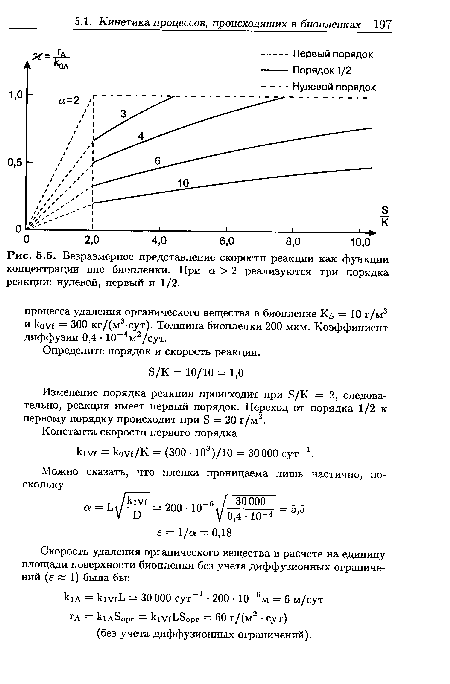Безразмерное представление скорости реакции как функции концентрации вне биопленки. При а > 2 реализуются три порядка реакции