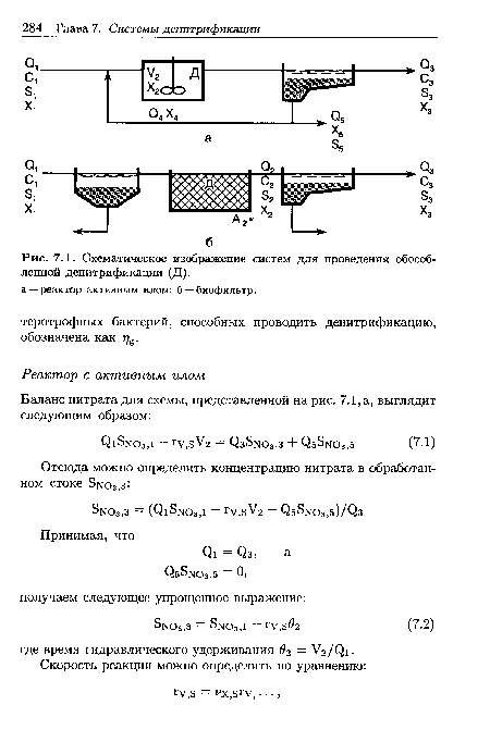Схематическое изображение систем для проведения обособленной денитрификации (Д). а —реактор активным илом; б —биофильтр.