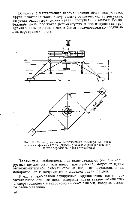 Схема ¡установки механического аэратора на понтонах в аэрируемом пруду ( стрелка указывает направление вращения перемешивающего устройства)