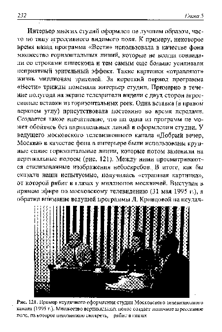 Пример неудачного оформления студии Московского телевизионного канала (1995 г.). Множество вертикальных полос создает типичное агрессивное поле, на которое невозможно смотреть, - рябит в глазах