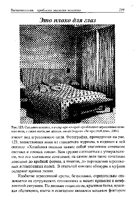 Спальная комната, в интерьере которой преобладают агрессивные видимые поля, а также изобилие прямых линий (журнал «Загородный дом», 2004)