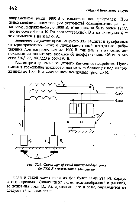 Схема трехфазной трехпроводной сети до 1000 В с заземленной нейтралью