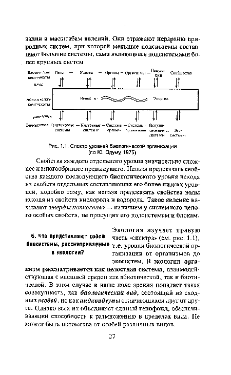 Спектр уровней биологической организации (по Ю. Одуму, 1975)