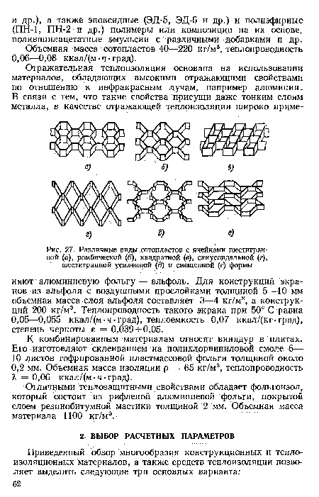 Различные виды сотопластов с ячейками шестигранной (а), ромбической (б), квадратной (в), синусоидальной (г), шестигранной усиленной (д) и смещенной (е) формы