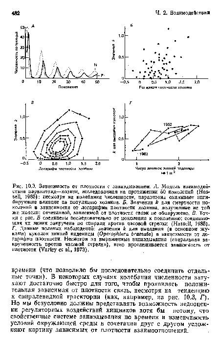Зависимость от плотности с запаздыванием. А. Модель взаимодействия паразитоид—хозяин, исследованная на протяжении 50 поколений (Hassell, 1985)