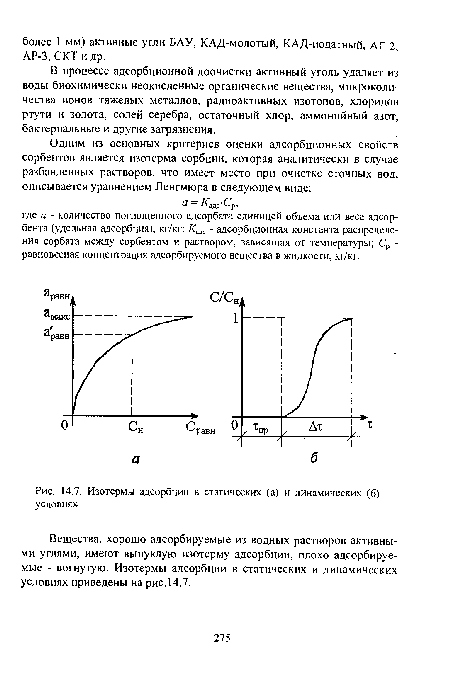 Изотермы адсорбции в статических (а) и динамических (б) условиях