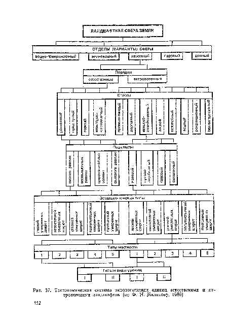 Таксономическая система типологических единиц естественных и антропогенных ландшафтов (по Ф. Н. Милькову, 1986)
