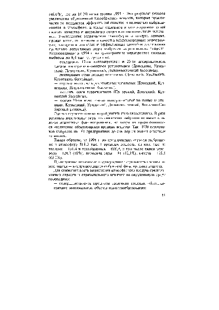 Таким образом, за 1994 г. на предприятиях отрасли выброшено в атмосферу 818,3 тыс. т вредных веществ, из них, тыс. т: твердых — 151,4 и газообразных — 666,9, в том числе окиси углерода — 120,3 (18%), диоксида серы — 81 (12,1%), метана — 435,5 (65,3%).