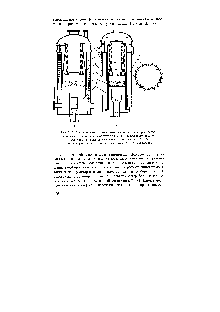 Принципиальные схемы термокаталитических реакторов третьего исполнения с теплообменником трубчатого (а) и гофрированного (б) типов