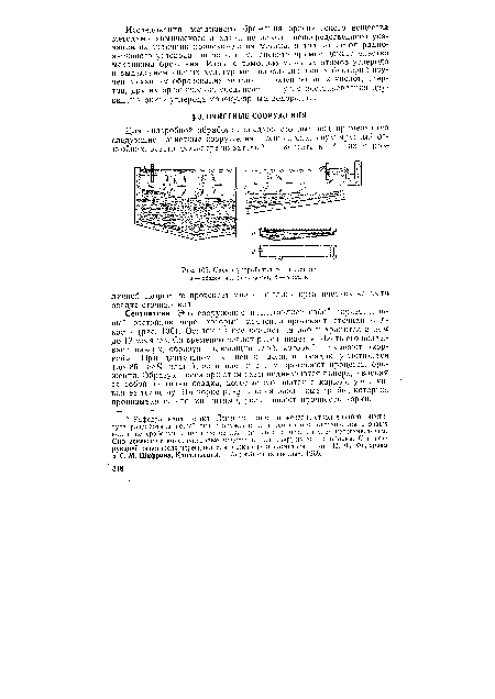 Септиктенк. Это сооружение представляет собой горизонтальный отстойник, через который медленно протекает сточная жидкость (рис. 106). Осадок из нее оседает на дно и хранится в нем до 12 месяцев. Со временем осадок расслаивается. Часть его всплывает наверх, образуя плавающий слой, который называют «коркой». При длительном хранении донный осадок уплотняется (до 85—88% влаги), загнивает и в пом протекают процессы брожения. Образующиеся при этом газы поднимаются наверх, увлекая за собой частички осадка, которые с,пинаются с коркой, увеличивая ее толщину. На корке развиваются различные грибьг, которые, пронизывая се своими нитями, увеличивают прочность корки.