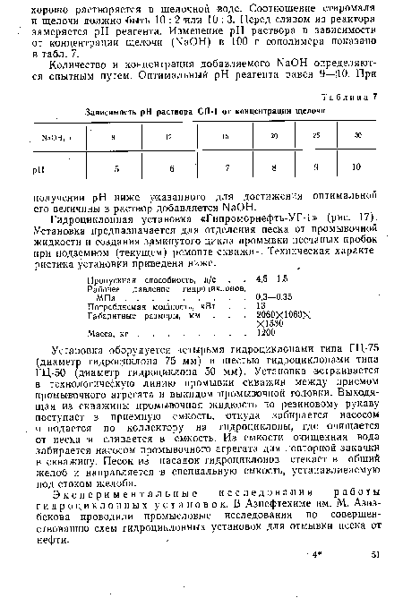 Гидроциклонная установка «Гипроморнефть-УГ-1» (рис. 17). Установка предназначается для отделения песка от промывочной жидкости и создания замкнутого цикла промывки песчаных пробок при подземном (текущем) ремонте скважин. Техническая характеристика установки приведена ниже.