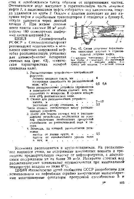 Схема установки параллельных наклонных пластин в горизонтальной ловушке нефти.