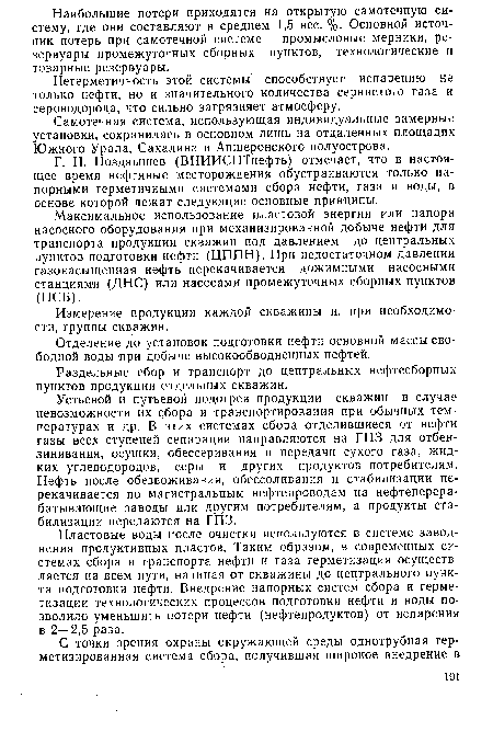 Г. Н. Позднышев (ВНИИСПТнефть) отмечает, что в настоящее время нефтяные месторождения обустраиваются только напорными герметичными системами сбора нефти, газа и воды, в основе которой лежат следующие основные принципы.