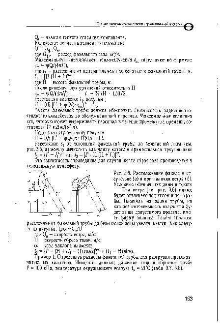 Расположение факела в отсутствие (а) и при наличии ветра (б). Условные обозначения даны в тексте При ветре (см. рис. 3.6) пламя будет отклонено под углом к оси трубы. Площадь основания трубы, на которой интенсивность излучения будет выше допустимого предела, имеет форму эллипса. Таким образом,