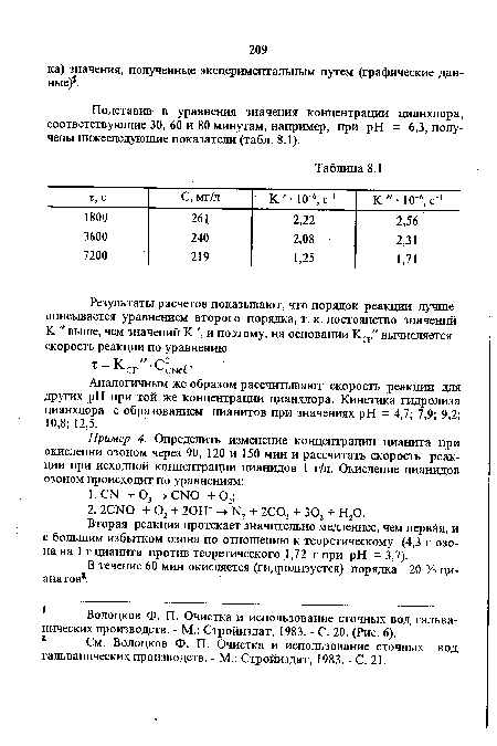 Подставив- в уравнения значения концентрации цианхлора, соответствующие 30, 60 и 80 минутам, например, при pH = 6,3, получены нижеследующие показатели (табл. 8.1).