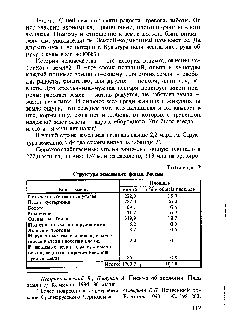 В нашей стране земельная площадь свыше 2,2 млрд га. Структура земельного фонда страны видна из таблицы 22.