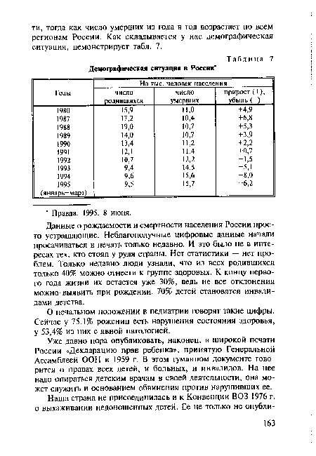 Данные о рождаемости и смертности населения России просто устрашающие. Неблагополучные цифровые данные начали просачиваться в печать только недавно. И это было не в интересах тех, кто стоял у руля страны. Нет статистики — нет проблем. Только недавно люди узнали, что из всех родившихся только 40% можно отнести к группе здоровых. К концу первого года жизни их остается уже 30%, ведь не все отклонения можно- выявить при рождении. 70% детей становятся инвалидами детства.