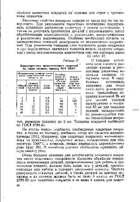 О толщине защитного слоя имеются различные данные и установлены различные величины толщины защитного слоя. В зарубежных источниках, например, для стали чаще всего рекомендуются трехслойные покрытия толщиной 25 мк для легких условий эксплуатации и толщиной 50 мк для тяжелых условий эксплуатации, но рекомендуются также однослойные покрытия, имеющие толщину до 5 мк. Толщины покрытий выбирают по ГОСТ 9791-61.