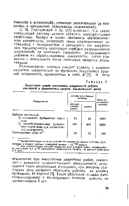 С. М. Городинский и др. [31] отмечают, что дезактивирующий раствор должен обладать специфическими свойствами: быстро и полно смачивать обрабатываемую поверхность; разрушать связь радиоактивных загрязнений с поверхностью и растворять эти загрязнения; предотвращать повторную сорбцию радиоактивных загрязнений; не оказывать излишнего разрушающего действия на обрабатываемую поверхность; легко удаляться с поверхности после окончания процесса дезактивации.