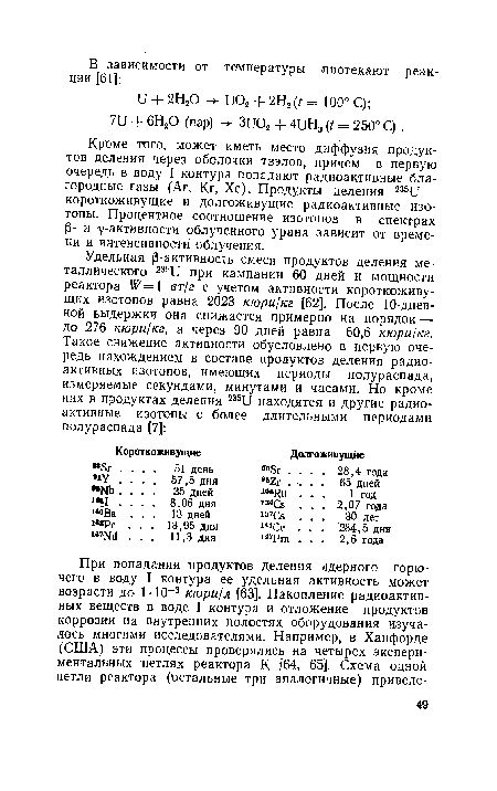 Кроме того, может иметь место диффузия продуктов деления через оболочки твэлов, причем в первую очередь в воду I контура попадают радиоактивные благородные газы (Аг, Кг, Хе). Продукты деления 235и — короткоживущие и долгоживущие радиоактивные изотопы. Процентное соотношение изотопов в спектрах р- и у-активности облученного урана зависит от времени и интенсивности облучения.