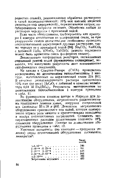 Во французском атомном центре в Маркуле для дезактивации оборудования, загрязненного радиоактивными продуктами деления урана, сооружен специальный цех площадью 55x18 м [82]. Демонтаж загрязненного оборудования производился под водой, которая одновременно играла роль защиты и препятствовала попаданию в воздух радиоактивных загрязнений. Стоимость эксплуатационных расходов дезактивации составила 18% стоимости оборудования. Данные по дезактивации оборудования приведены в табл. 12.