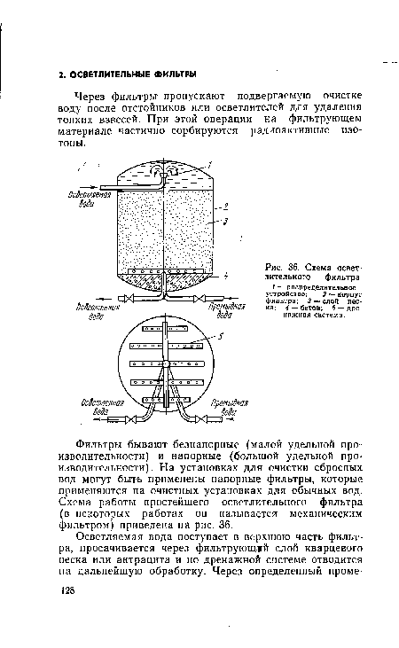 Фильтры бывают безнапорные (малой удельной производительности) и напорные (большой удельной производительности). На установках для очистки сбросных вод могут быть применены напорные фильтры, которые применяются на очистных установках для обычных вод. Схема работы простейшего осветлительного фильтра (в некоторых работах он называется механическим фильтром) приведена на рис. 36.