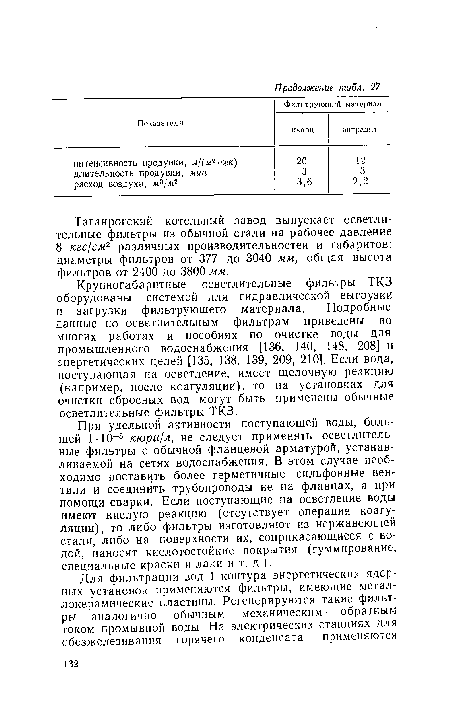 Таганрогский котельный завод выпускает осветли-тельные фильтры из обычной стали на рабочее давление 8 кгс/см2 различных производительностей и габаритов: диаметры фильтров от 377 до 3040 мм, общая высота фильтров от 2400 до 3800 мм.