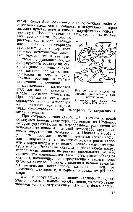 При соприкосновении сухого Н+-катионита с водой образуется ионная атмосфера, состоящая из Н+-ионов, которые удерживаются на определенном расстоянии от неподвижных ионов А . В этой атмосфере другие катионы энергетически неравноценны. Ионная атмосфера у одного и того же катионита меняется (сокращается или расширяется) в зависимости от концентрации катионов в окружающем электролите, ионной силы, температуры и т. д. Различные катионы располагаются вокруг неподвижных анионов на разных расстояниях. Можно считать, что максимальной прочностью связи обладают катионы, находящиеся непосредственно у границ неподвижных анионов. В связи с наличием ионной атмосферы количество поглощенных катионов зависит от различных факторов и, в первую очередь, от pH раствора.