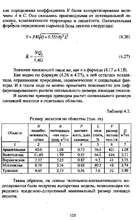 Таким образом, на основе экономико-математического моделирования была получена конкретная модель, позволяющая определять предельно-допустимый минимальный размер площади лесхоза.