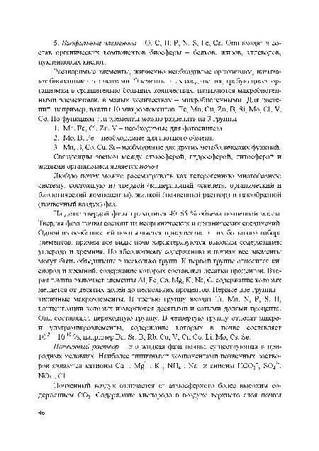 Любую почву можно рассматривать как гетерогенную многофазную систему, состоящую из твердой (минеральный «скелет», органический и биологический компоненты), жидкой (почвенный раствор) и газообразной (почвенный воздух) фаз.