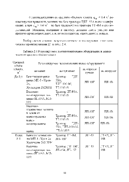 Выбор системы машин ведется в соответствии с нормами технологического проектирования [2] и табл. 2.4.