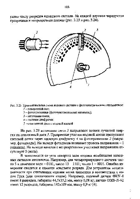 На рис. 3.23 источники света 3 направляют потоки лучистой энергии на стеклянный диск 5. Прозрачные участки кодовой маски пропускают световой поток через щелевую диафрагму 4 на фотоприемники 2 (например, фотодиоды). На выходе фотодиода возникает уровень напряжения - 1 (единица). На выходе каналов с непрозрачными участками напряжение отсутствует 0 (ноль).