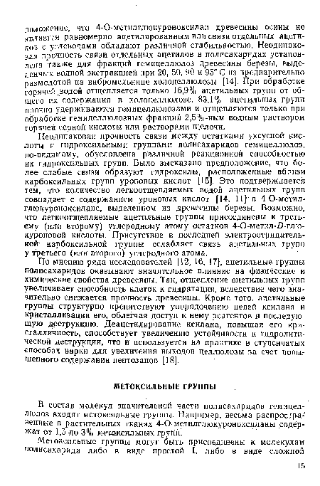 По мнению ряда исследователей [12, 16, 17], ацетильные группы полисахаридов оказывают значительное влияние на физические и химические свойства древесины. Так, отщепление ацетильных групп увеличивает способность клеток к гидратации, вследствие чего значительно снижается прочность древесины. Кроме того, ацетильные группы структурно препятствуют упорядочению цепей ксилана и кристаллизации его, облегчая доступ к нему реагентов и последующую деструкцию. Деацетилирование ксилана, повышая его кристалличность, способствует увеличению устойчивости к гидролитической деструкции, что и используется на практике в ступенчатых способах варки для увеличения выходов целлюлозы за счет повышенного содержания пентозанов [18].