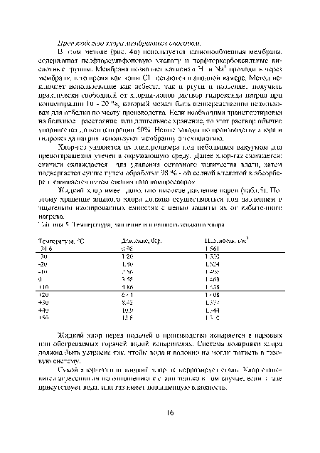 Хлор-газ удаляется из электролизера под небольшим вакуумом для предотвращения утечек в окружающую среду. Далее хлор-газ сжижается: сначала охлаждается для удаления основного количества влаги, затем подвергается сушке путем обработки 98 % - ой серной кислотой в абсорбере и сжижается путем сжатия газа компрессором.