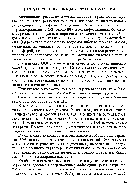 К сожалению, наука еще не в состоянии дать полную картину нанесенного воде ущерба. К примеру, по данным совета Национальной академии наук США, токсикологи обладают относительно полной информацией о влиянии на здоровье человека лишь 10% используемых сейчас пестицидов и 18% используемых лекарств. По меньшей мере 1/3 пестицидов и лекарств не проходила никаких испытаний на токсичность.