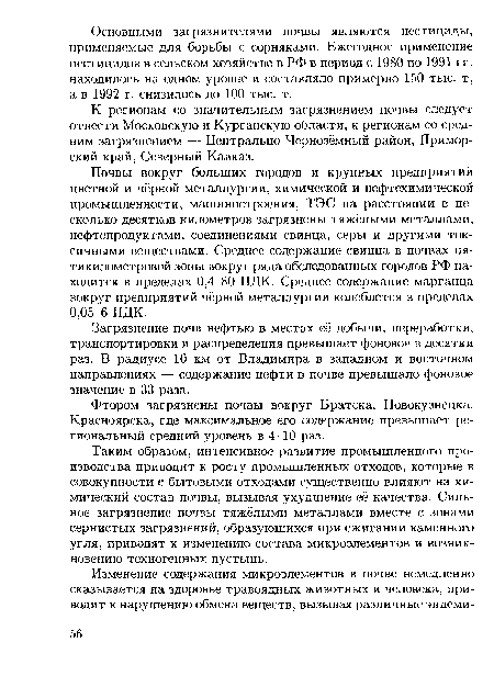 Загрязнение почв нефтью в местах её добычи, переработки, транспортировки и распределения превышает фоновое в десятки раз. В радиусе 10 км от Владимира в западном и восточном направлениях — содержание нефти в почве превышало фоновое значение в 33 раза.