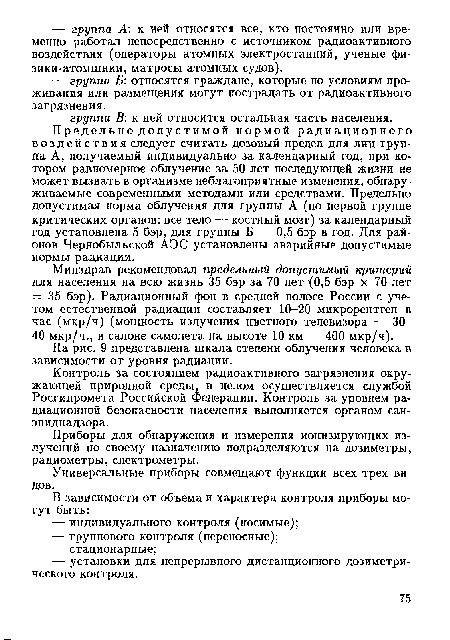 Контроль за состоянием радиоактивного загрязнения окружающей природной среды, в целом осуществляется службой Росгидромета Российской Федерации. Контроль за уровнем радиационной безопасности населения выполняется органом сан-эпиднадзора.