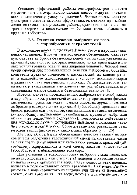 В настоящее время существует 2 типа газо- и пароулавливающих установок. Первый тип установок обеспечивает санитарную очистку выбросов без последующей утилизации уловленных примесей, количество которых невелико, но которые даже в малых концентрациях опасны для здоровья человека. Второй тип предназначен для промышленной очистки выбросов от больших количеств вредных примесей с последующей их концентрацией и дальнейшим использованием в качестве исходного сырья в различных технологических процессах. Установки второго типа являются составляющими элементами разрабатываемых перспективных малоотходных и безотходных технологий.