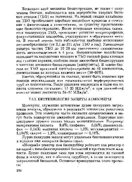 Молекулы, служащие источником дурно пахнущего загрязнения воздуха, образуются в результате множества различных процессов. Эти молекулы часто являются органическими и могут быть подвергнуты микробной деградации. Пороговые концентрации дурного запаха весьма незначительные. Например: валериановая кислота — 0,6%; тиофенол — 0,06%; диамилсуль-фид — 0,14%; масляная кислота — 1,0%; метилмеркантан — 1,104%; скатол — 1,2%; этилмеркантан — 0,19%.