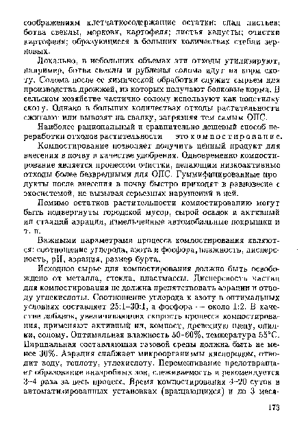 Помимо остатков растительности компостированию могут быть подвергнуты городской мусор, сырой осадок и активный ил станций аэрации, измельченные автомобильные покрышки и т. п.