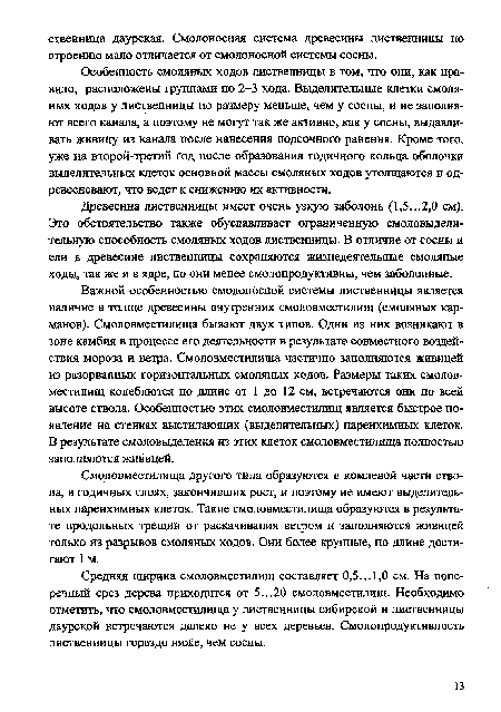 Смоловместилища другого типа образуются в комлевой части ствола, в годичных слоях, закончивших рост, и поэтому не имеют выделительных паренхимных клеток. Такие смоловместилища образуются в результате продольных трещин от раскачивания ветром и заполняются живицей только из разрывов смоляных ходов. Они более крупные, по длине достигают 1 м.