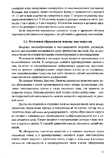 Другие исследователи отрицают наличие неразделимой связи между процессом образования живицы и выделением её из клетки, считая, что в годичных слоях заболони нетравмированного. дерева образование секрета не связано с самовольным просачиванием (диффундированием) его в канал смоляного хода. Секрет остаётся в эпителиальных клетках в виде мелких и крупных капель. В ядровой древесине каналы заполнены вязкой живицей.