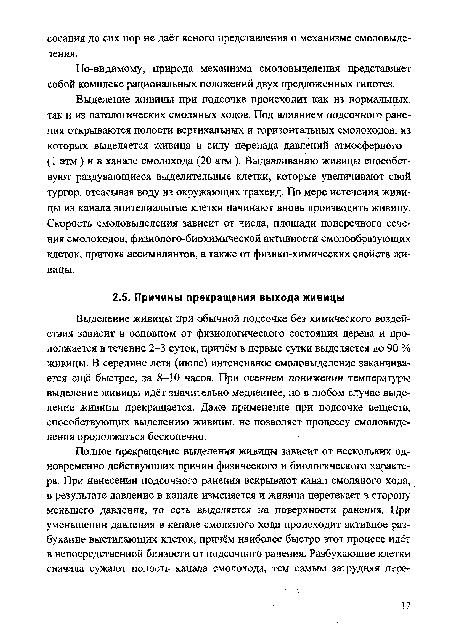 Выделение живицы при обычной подсочке без химического воздействия зависит в основном от физиологического состояния дерева и продолжается в течение 2-3 суток, причём в первые сутки выделяется до 90 % живицы. В середине лета (июле) интенсивное смоловыделение заканчивается ещё быстрее, за 8-10 часов. При осеннем понижении температуры выделение живицы идёт значительно медленнее, но в любом случае выделение живицы прекращается. Даже применение при подсочке веществ, способствующих выделению живицы, не позволяет процессу смоловыделения продолжаться бесконечно.