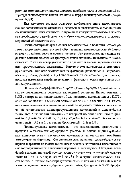 На разных географических широтах,даже в пределах одной области, смолопродуктивность сосновых насаждений различна. Выход живицы с КДП с севера на юг увеличивается. Так, например, выход живицы с КДП в среднем составляет: в северной подзоне тайги 5,4 г, в средней 7,2 г. Различие климатических и почвенных условий по подзонам тайги является причиной изменчивости смолопродуктивности насаждений в одноимённых типах леса. Сосняк лишайниковый в северной подзоне тайги имеет средний выход живицы с КДП 5,7 г, а в средней - 8,0 г; соответственно сосняк черничный - 5,6 г и 7,1 г; сосняк брусничный - 5,5г и 7,8г.